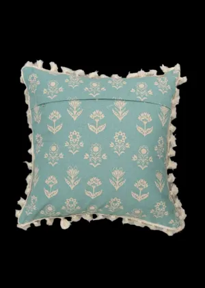100% Pure Cotton Cushion Cover in Heather Blue with Dahlia Print and tassels, Size Options available