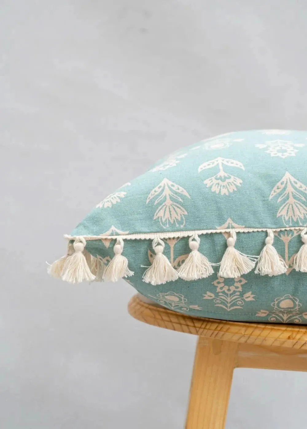 100% Pure Cotton Cushion Cover in Heather Blue with Dahlia Print and tassels, Size Options available