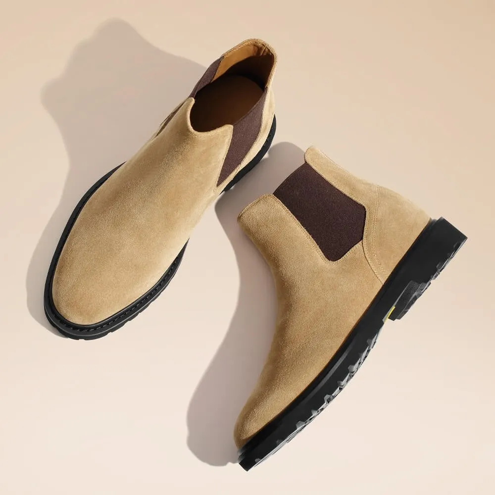 8CM/3.15 Inches  CMR CHAMARIPA Men's Laceless Height Increasing Boots - Brown Suede Leather