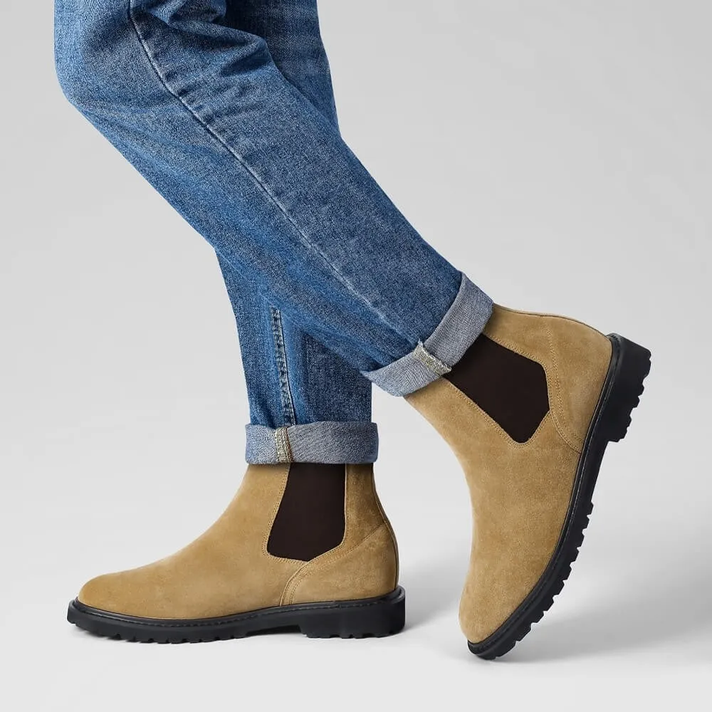 8CM/3.15 Inches  CMR CHAMARIPA Men's Laceless Height Increasing Boots - Brown Suede Leather