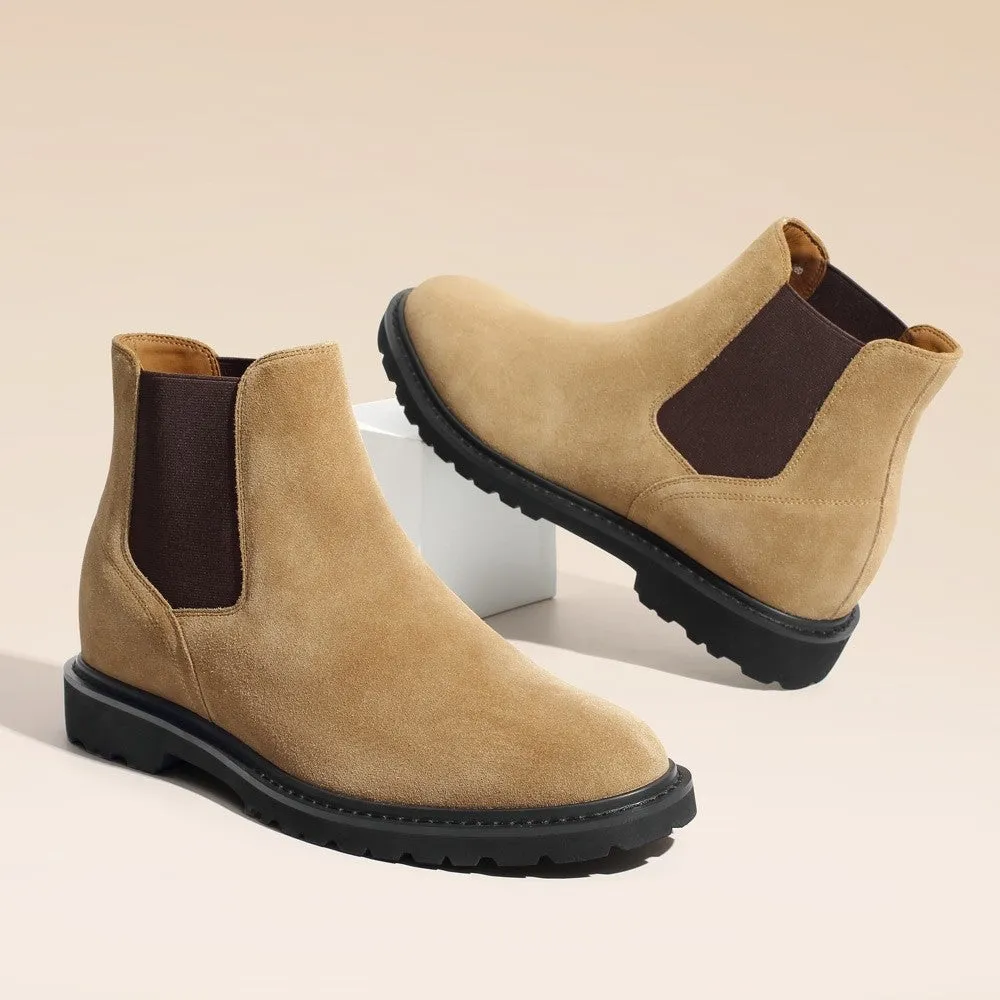 8CM/3.15 Inches  CMR CHAMARIPA Men's Laceless Height Increasing Boots - Brown Suede Leather