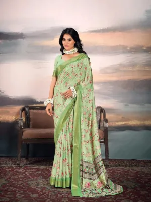 Elegant Parrot Green Cotton Silk Digital Printed Saree
