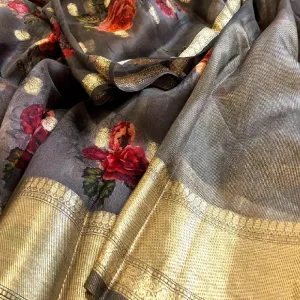 Grey Digital Printed Organza Saree