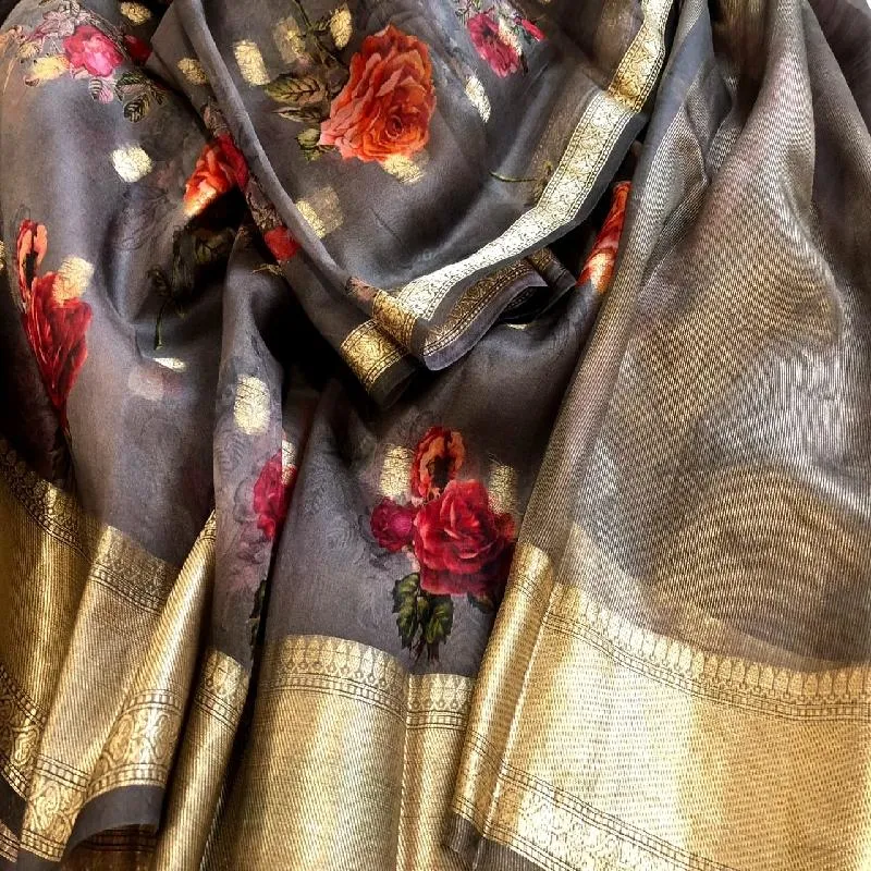 Grey Digital Printed Organza Saree