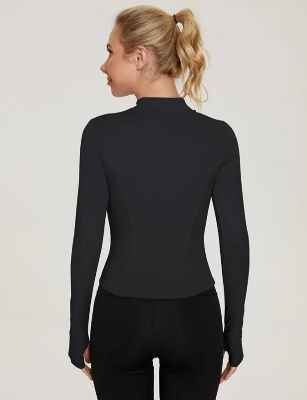 IECCP Womens Long Sleeve Sports T-Shirt Fitness Workout Yoga Crop Tops Ladies Running Half Zip Breathable with Thumb Holes
