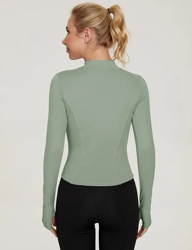 IECCP Womens Long Sleeve Sports T-Shirt Fitness Workout Yoga Crop Tops Ladies Running Half Zip Breathable with Thumb Holes