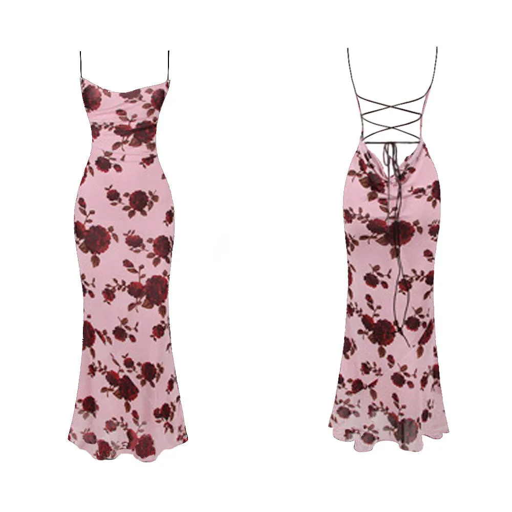 JAMI ROSE PRINT Backless Lace UP MAXI Dress