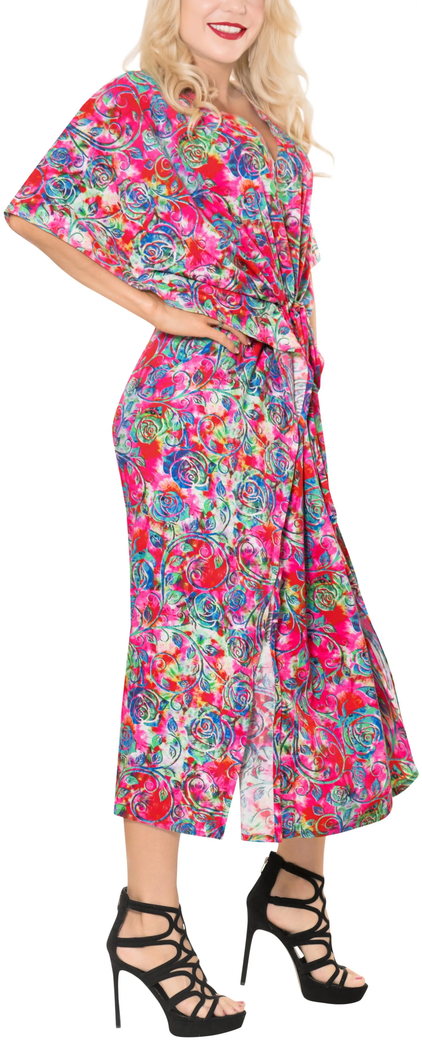 LA LEELA Soft  Digital Swimwear Luau Boho Caftan Long Dress Pink 219 One Size Pink_F257