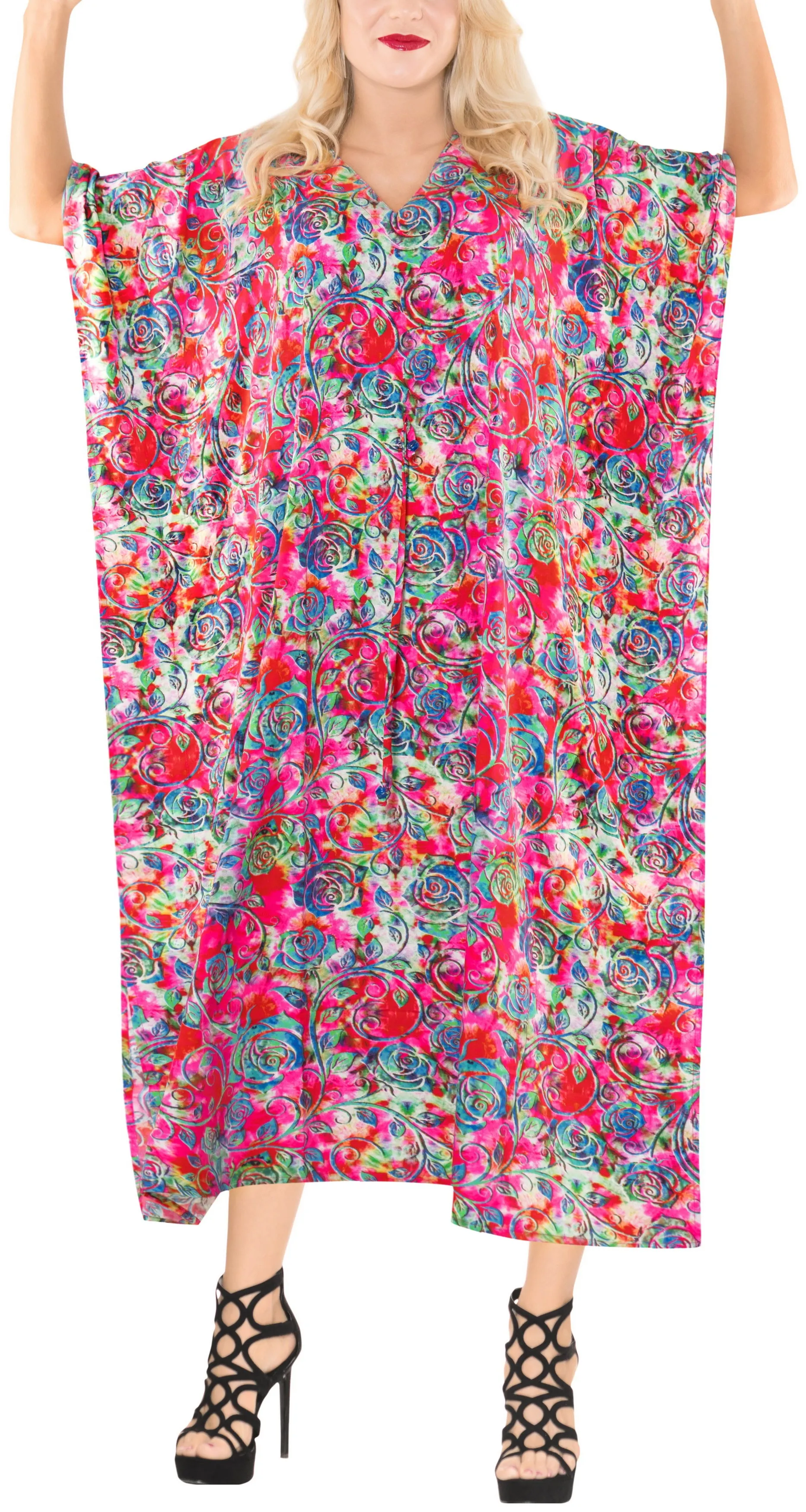 LA LEELA Soft  Digital Swimwear Luau Boho Caftan Long Dress Pink 219 One Size Pink_F257