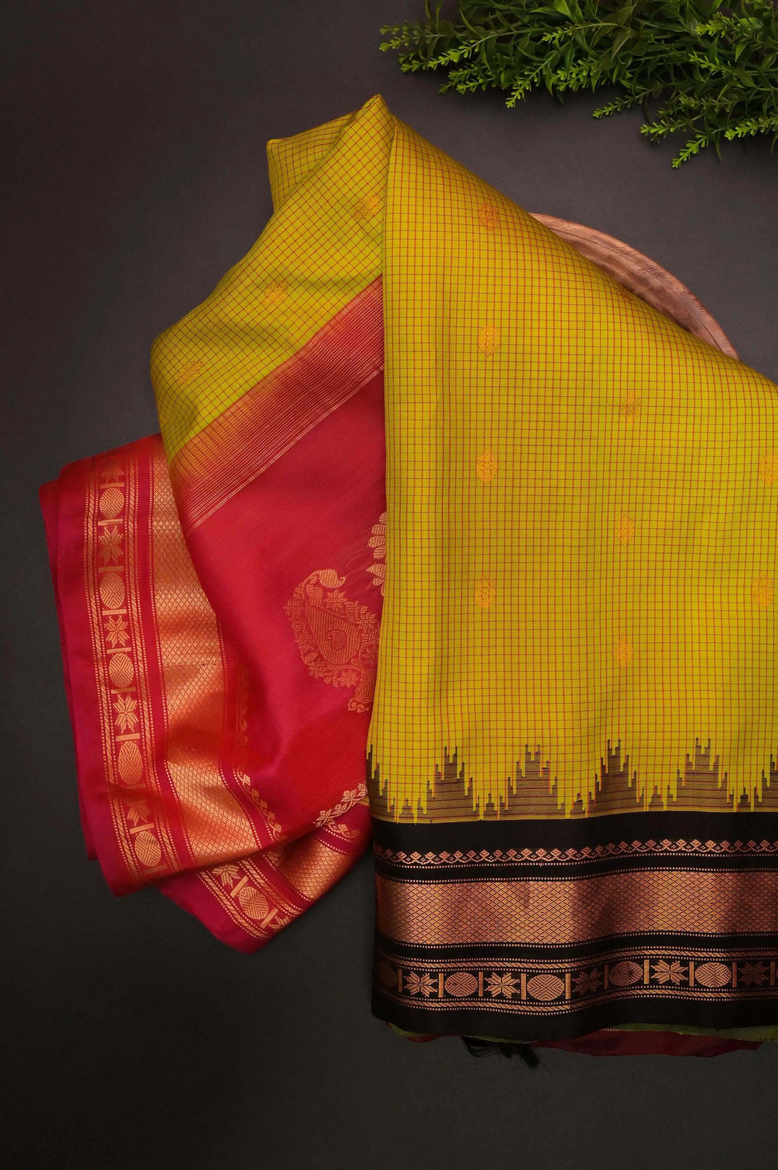 Leaf Green Color Pure Gadwal Silk Saree with Check Work & Ganga Jamuna Border