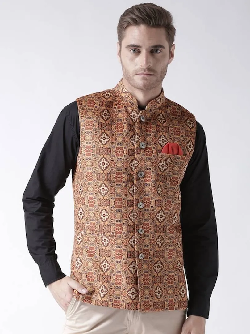 Men's Orange 
Polyester
 Printed Nehru Jackets