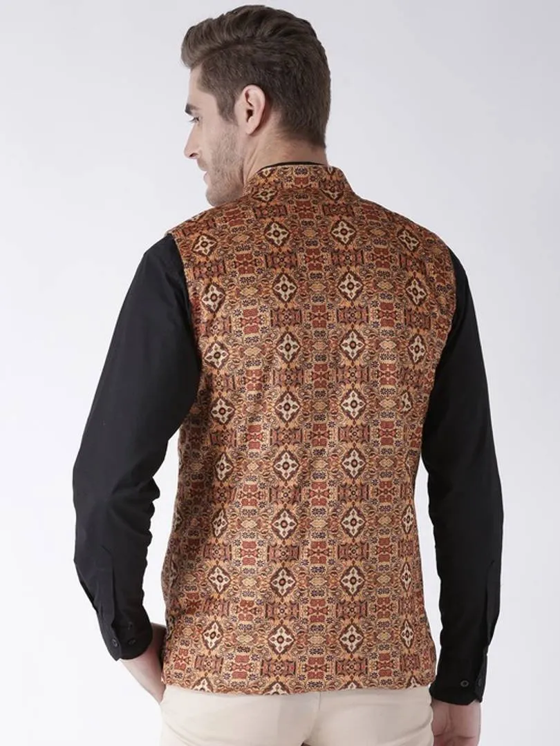 Men's Orange 
Polyester
 Printed Nehru Jackets