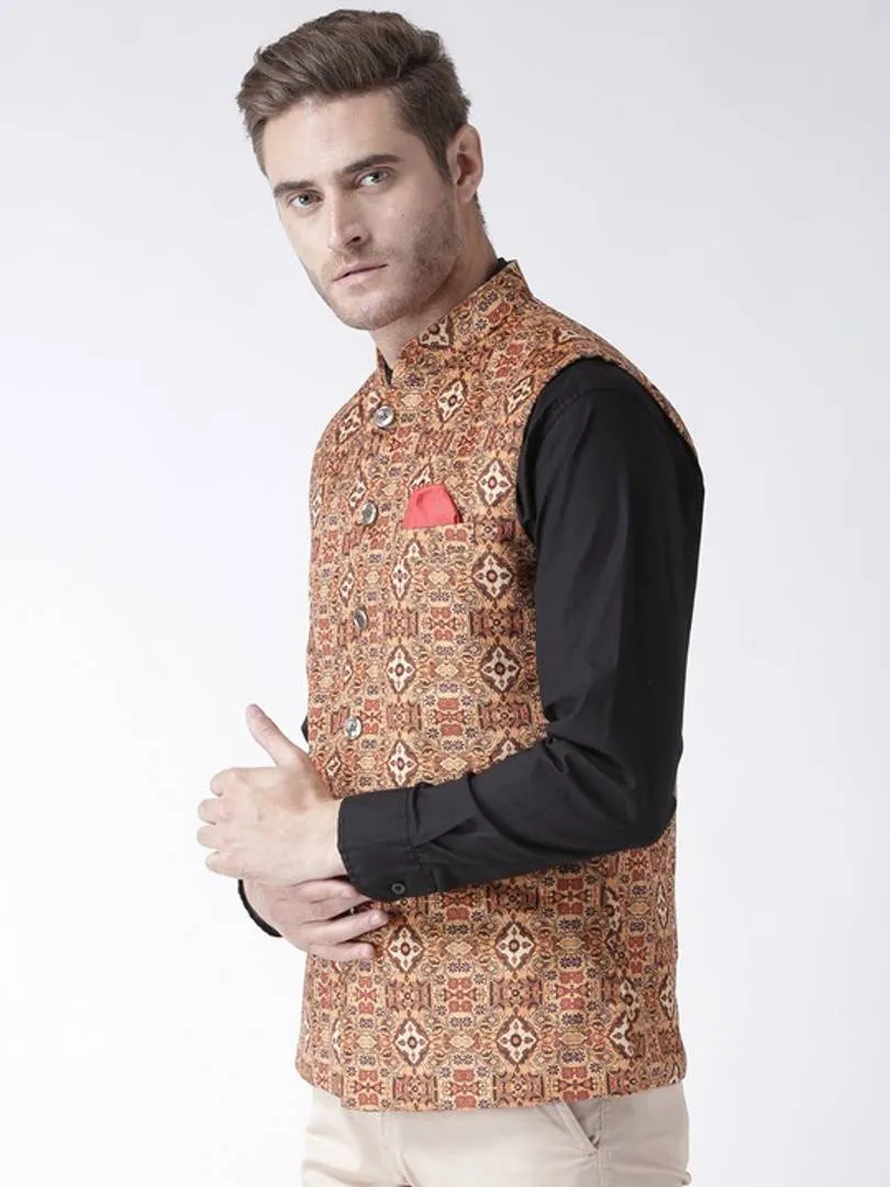 Men's Orange 
Polyester
 Printed Nehru Jackets