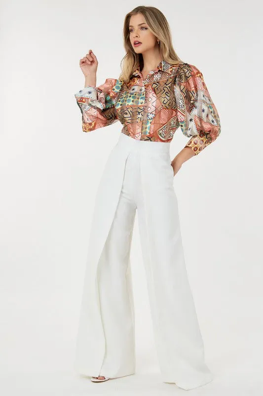 Off White Wide Pleated Palazzo Pants