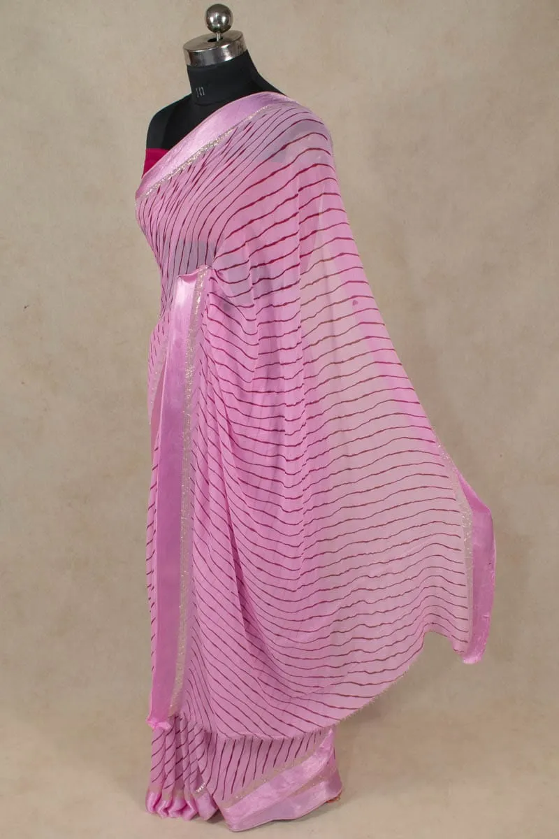 Pink Hand Screen Print Leheriya Saree