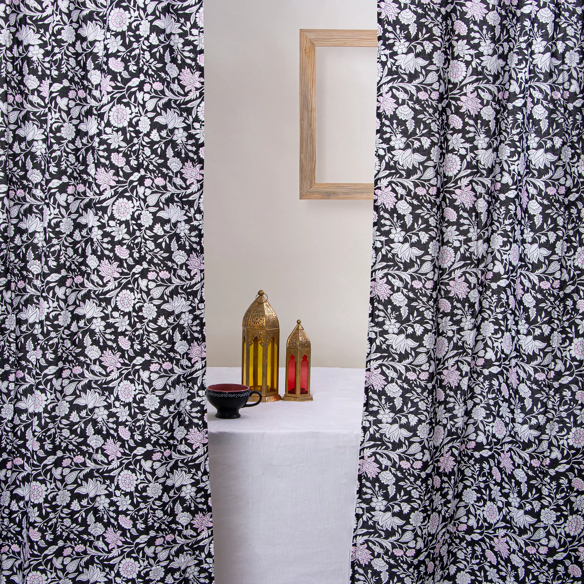 Premium Black Floral Hand Block Print Curtains For Home Set