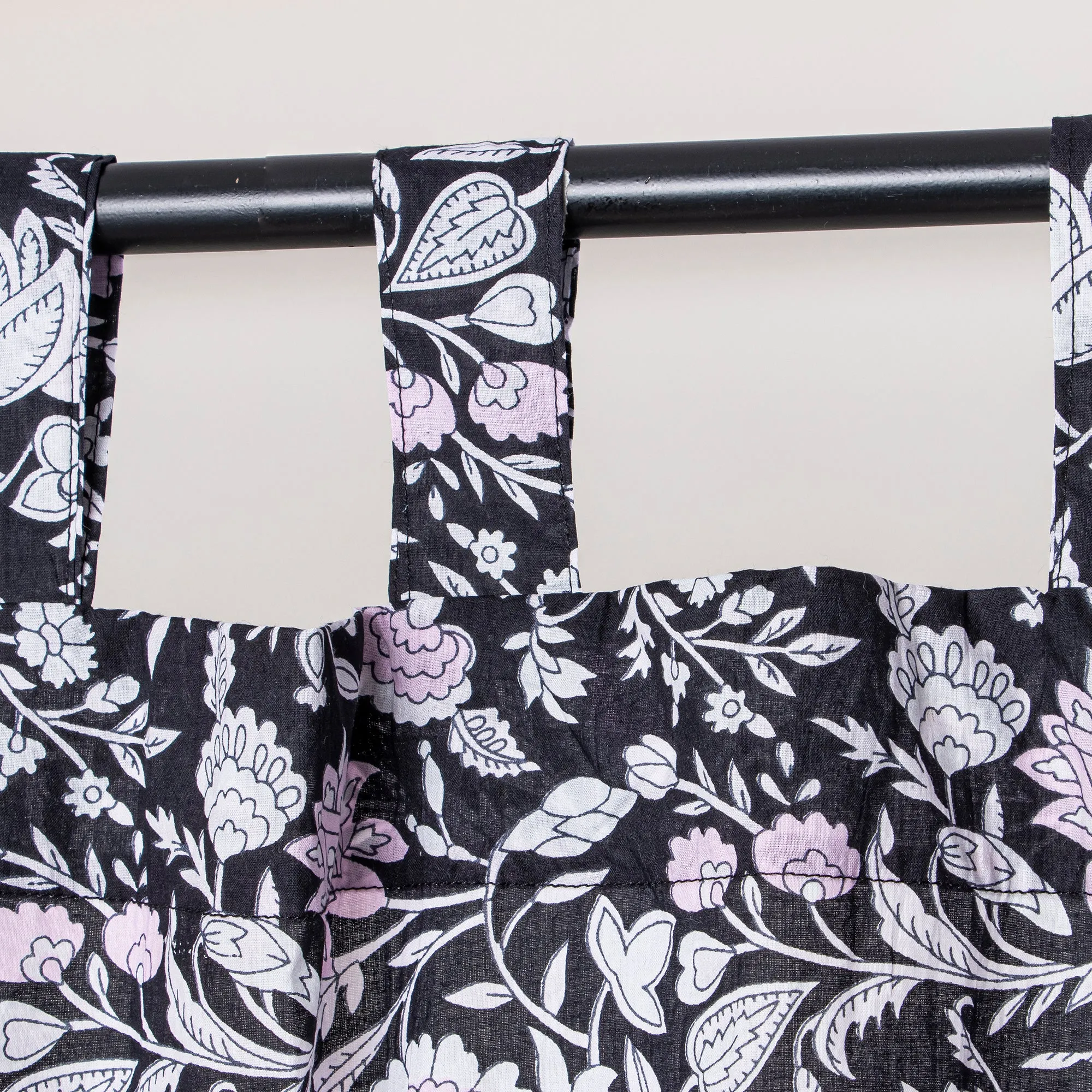 Premium Black Floral Hand Block Print Curtains For Home Set