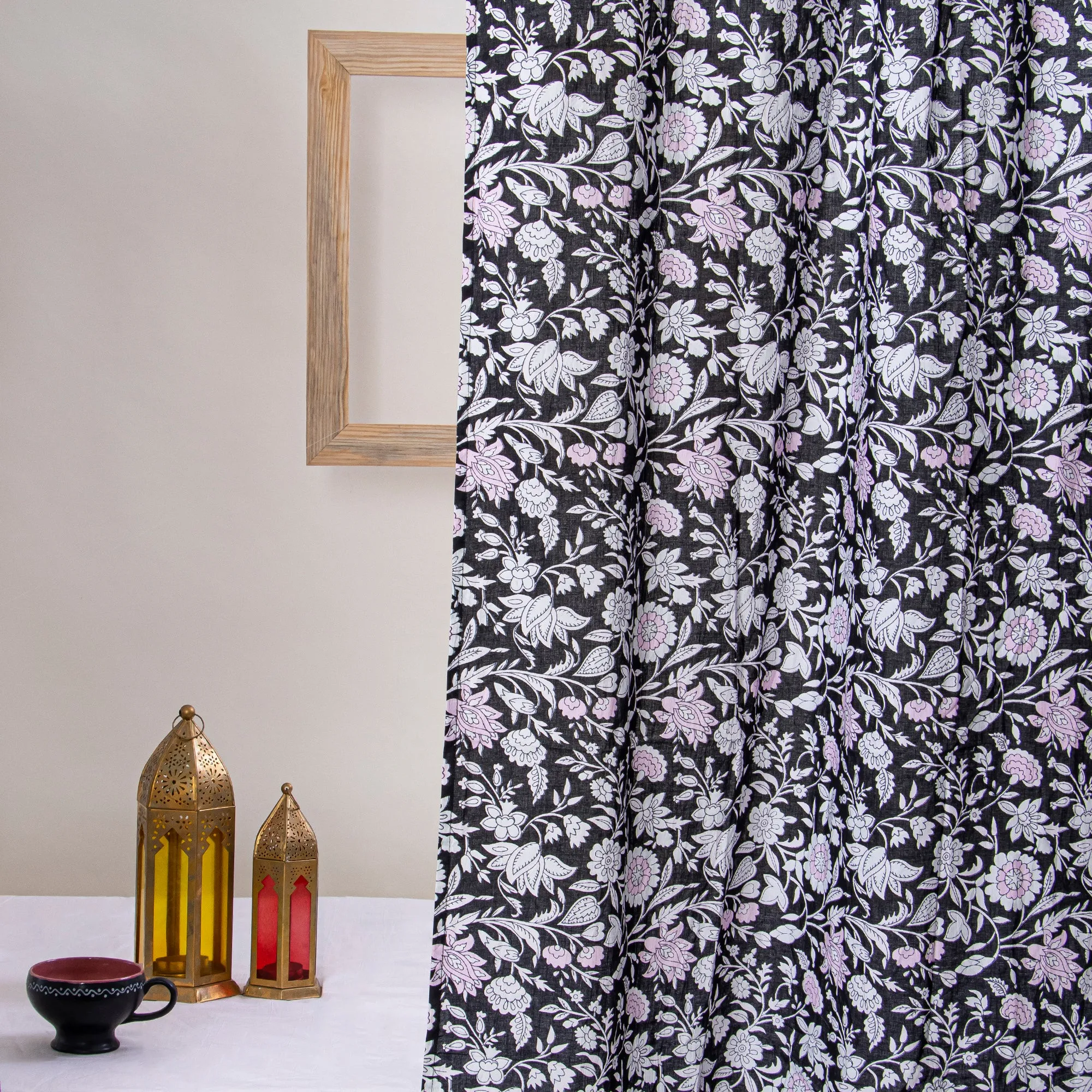 Premium Black Floral Hand Block Print Curtains For Home Set