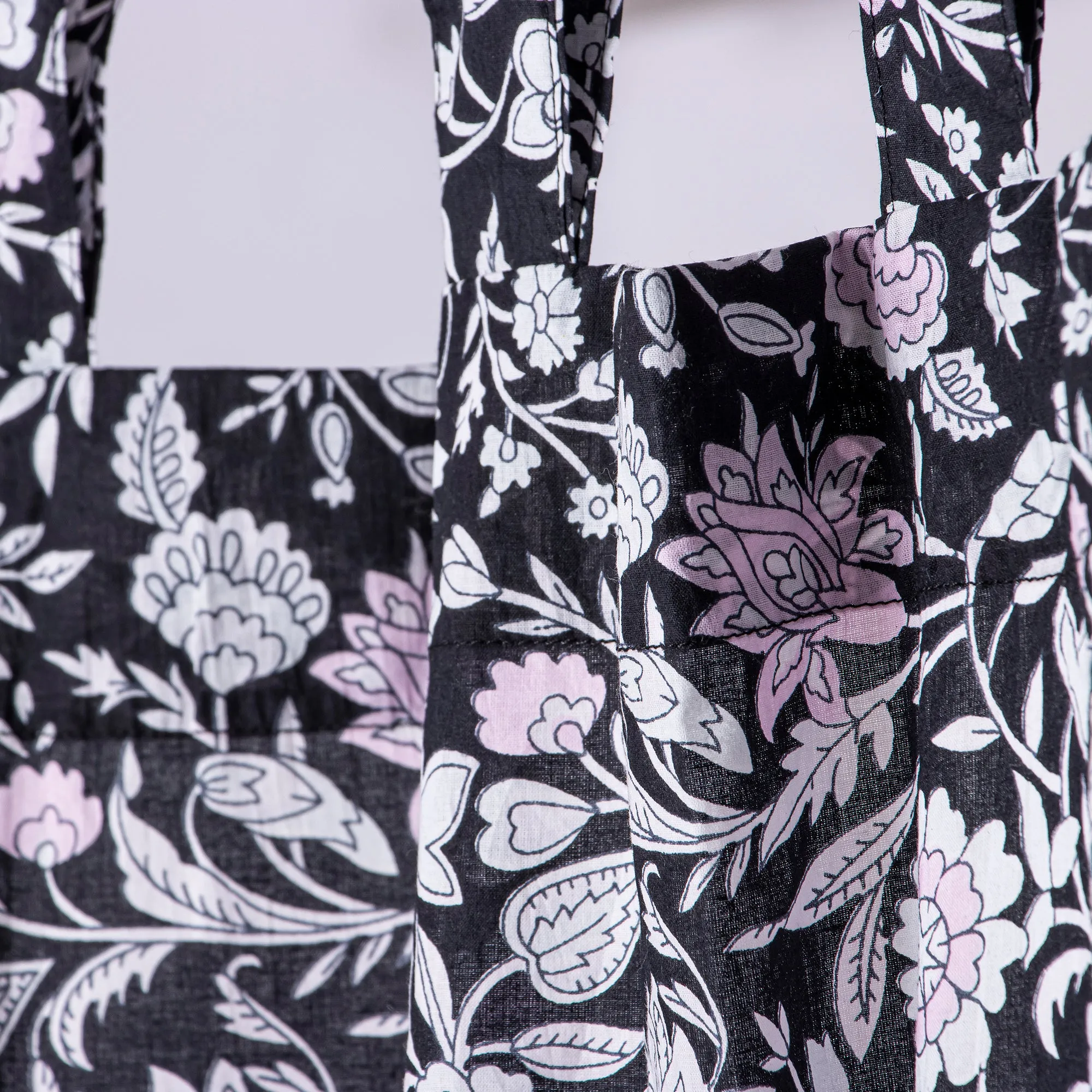 Premium Black Floral Hand Block Print Curtains For Home Set