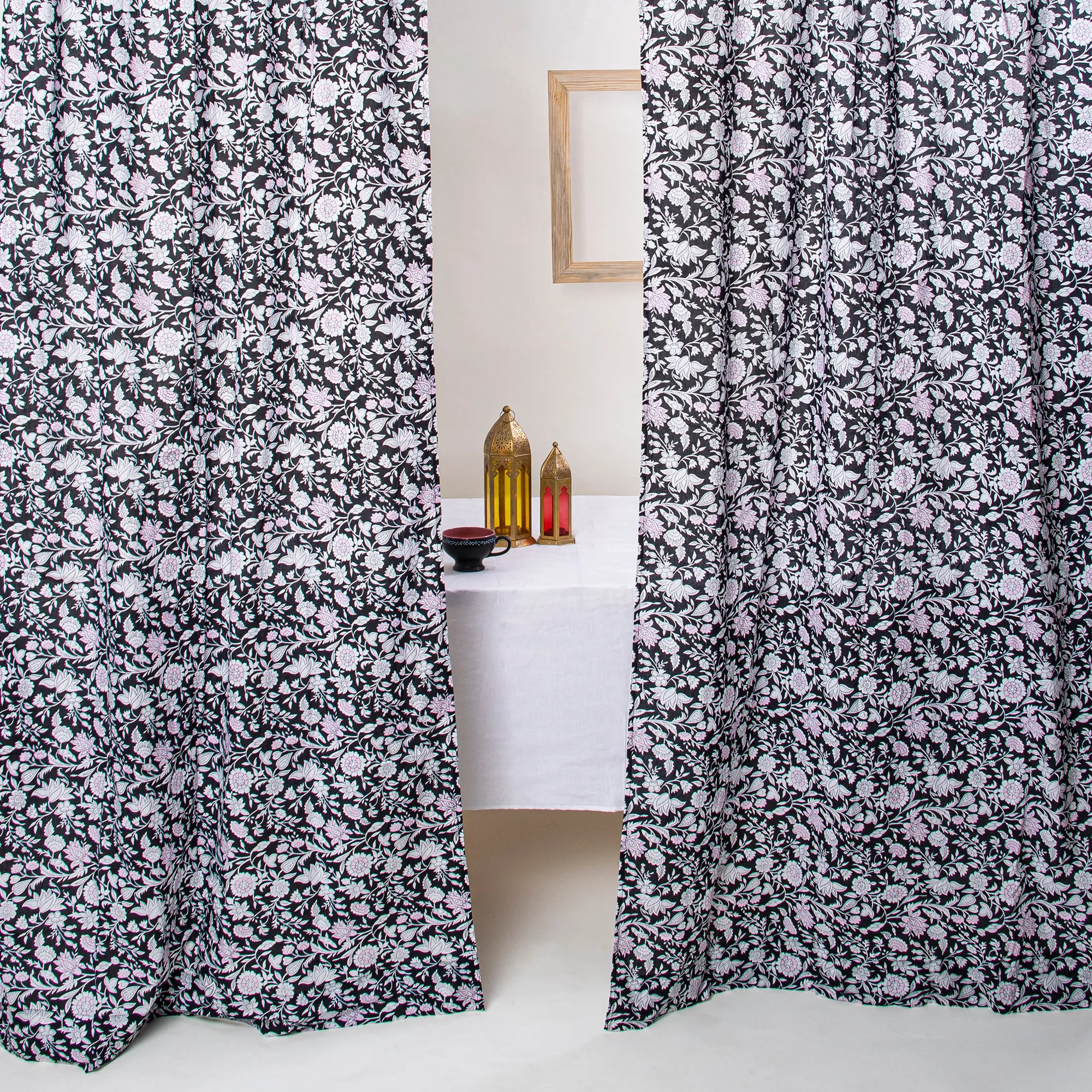 Premium Black Floral Hand Block Print Curtains For Home Set