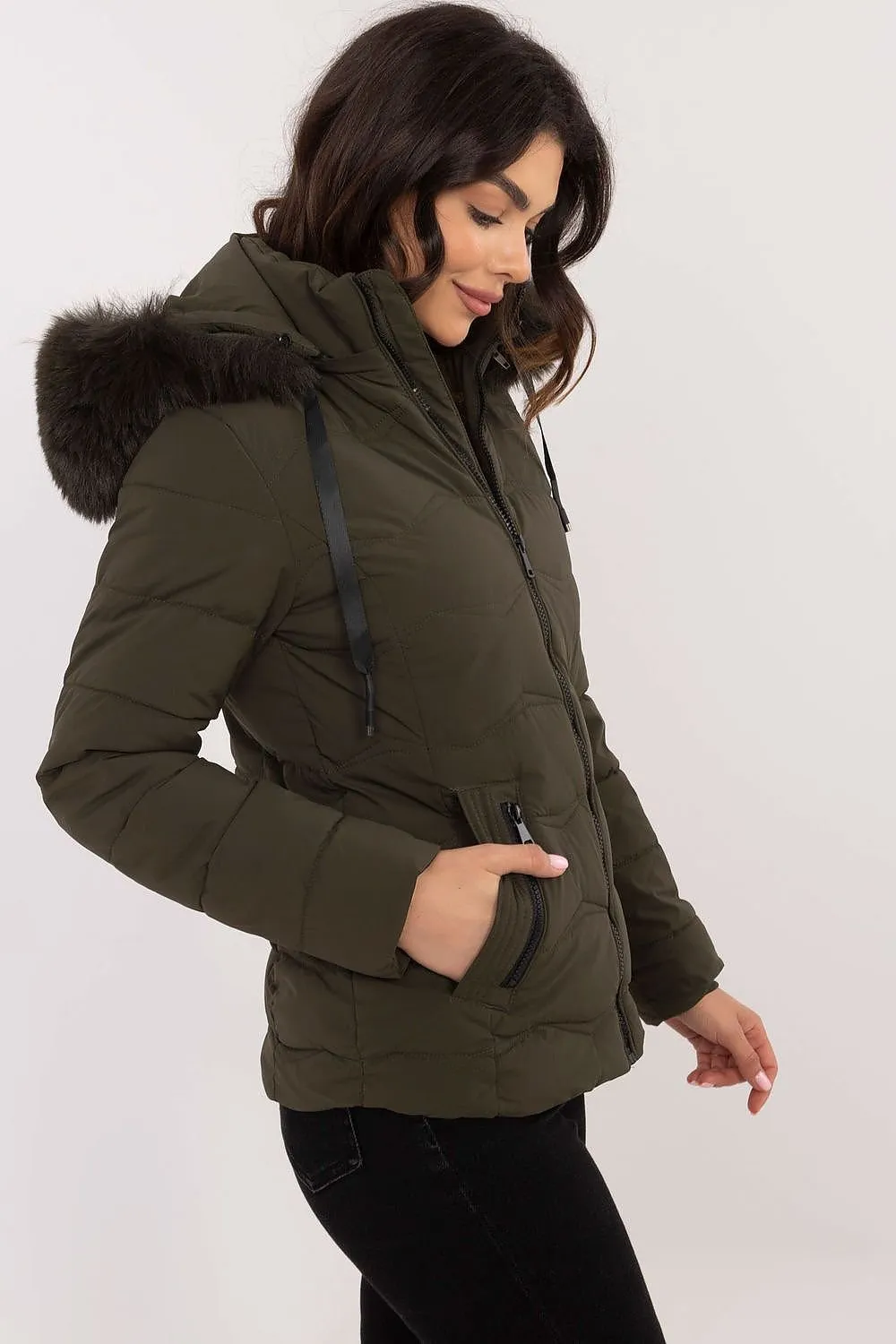 Short Warm Hooded Jacket in Dusty Green