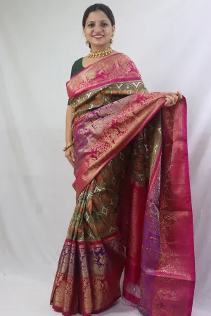 Stunning Green Handloom Ikat Pure Silk Saree with Kanjeevaram Border - Pochampally