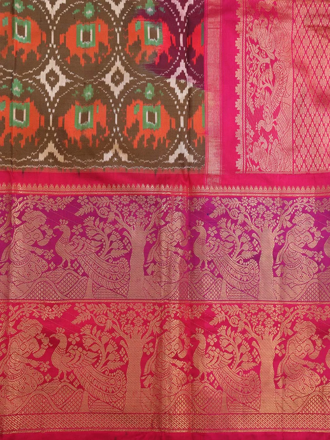Stunning Green Handloom Ikat Pure Silk Saree with Kanjeevaram Border - Pochampally