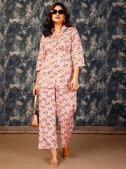 stylish floral printed shirt with 3/4th sleeves  & embellished collar with printed  pants set in viscose shantoon fabric - Multi