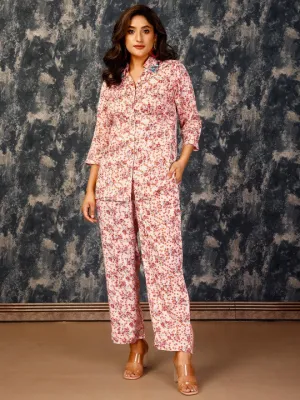 stylish floral printed shirt with 3/4th sleeves  & embellished collar with printed  pants set in viscose shantoon fabric - Multi