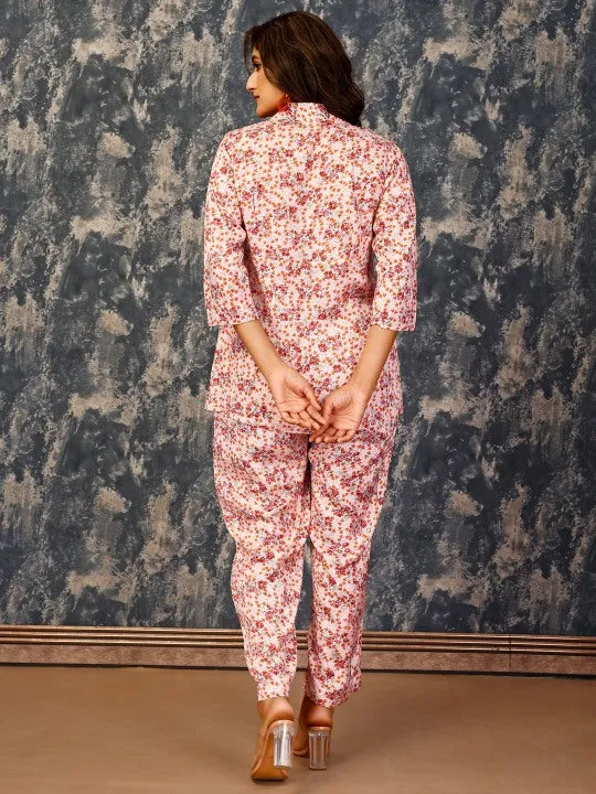 stylish floral printed shirt with 3/4th sleeves  & embellished collar with printed  pants set in viscose shantoon fabric - Multi