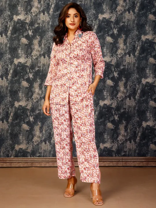 stylish floral printed shirt with 3/4th sleeves  & embellished collar with printed  pants set in viscose shantoon fabric - Multi