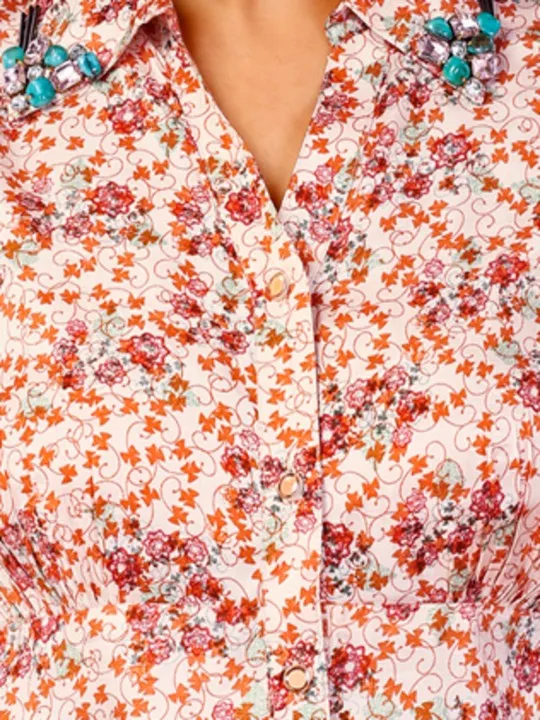 stylish floral printed shirt with 3/4th sleeves  & embellished collar with printed  pants set in viscose shantoon fabric - Multi