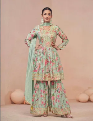 Stylish Pista Green Sequins Embroidered Floral Digital Printed Top Sharara Suit