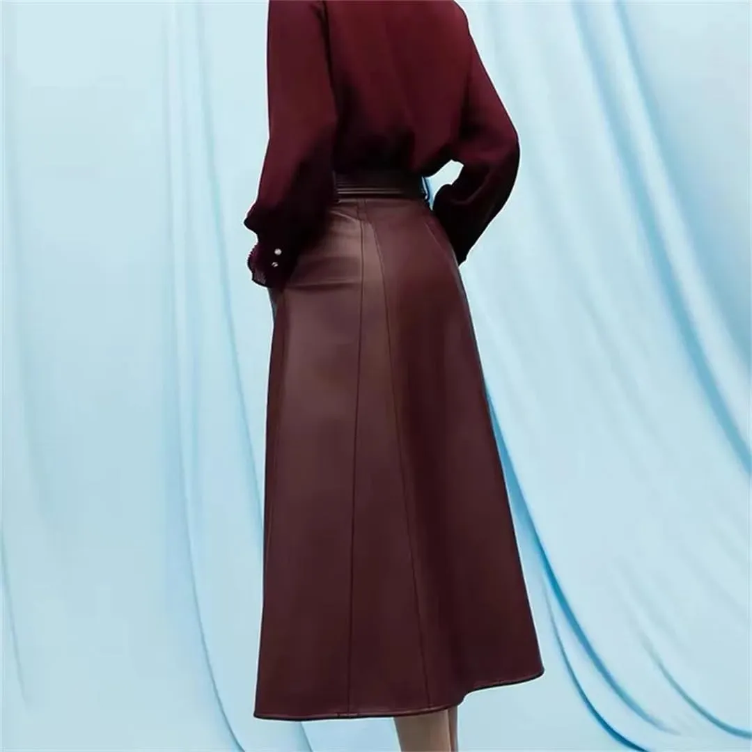 Women Genuine Leather Skirts Slim Fit Wrap Wine Red Skirt A Line Elegant Mid High Waist Wrap Pencil Skirt