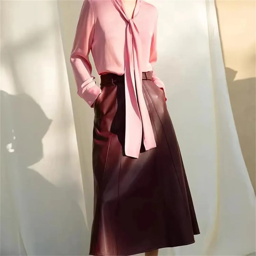 Women Genuine Leather Skirts Slim Fit Wrap Wine Red Skirt A Line Elegant Mid High Waist Wrap Pencil Skirt