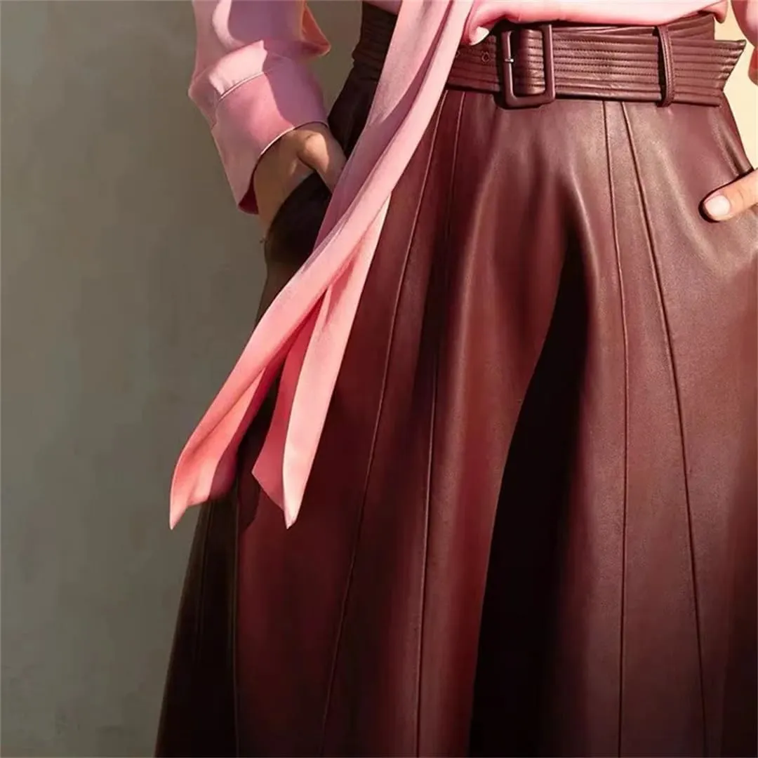 Women Genuine Leather Skirts Slim Fit Wrap Wine Red Skirt A Line Elegant Mid High Waist Wrap Pencil Skirt