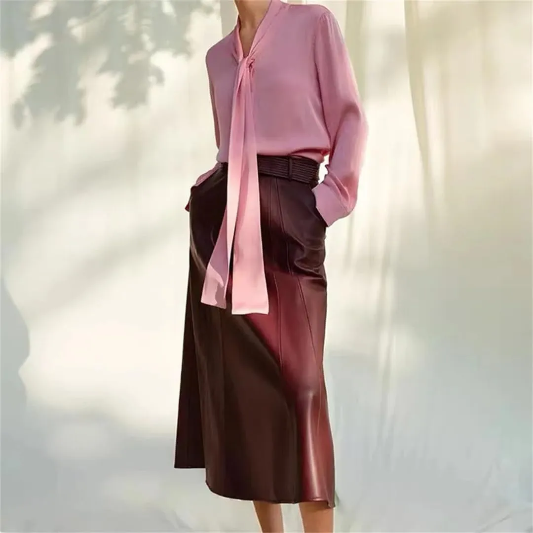 Women Genuine Leather Skirts Slim Fit Wrap Wine Red Skirt A Line Elegant Mid High Waist Wrap Pencil Skirt