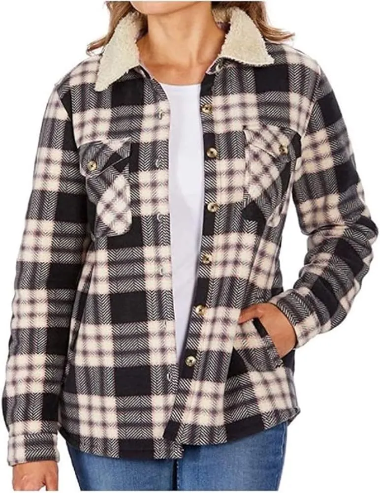 Women's Long Sleeve Plaid Fleece Jackets| Super Plush Sherpa Lined Shirt Jacket Tops With Pockets (Large, Black-Wood Rose)